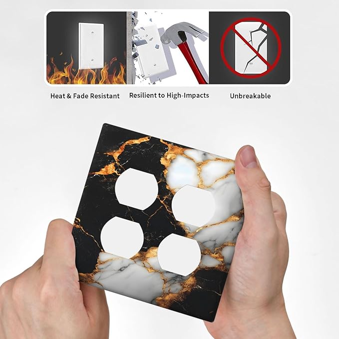 Decorative Switch Plate Covers Black Gold Marble 2 Gang Outlet Covers Double Duplex Light Switch Cover Plate Gfci Wall Plate for Country Bathroom Bedroom Decor