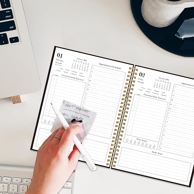 Daily Planner 2026 - Full Page Per Day, Jan 2026 to Dec 2026, 2026 Daily Planner with Spiral Bound, Inner Pocket, Perfect for School Office Supplies, 7'' x 10'', Black