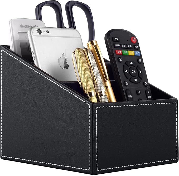Fashionable PU Leather TV Remote Control Holder with 3 Compartments, Storage Rack, Storage Box, Media Accessory Storage, Desk Organizers (black)