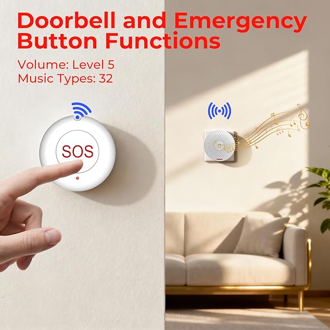 Caregiver Call Button Wireless Call Button for Elderly at Home,WiFi Panic Button,Life Alert Systems for Seniors No Monthly Fee (whiter4)