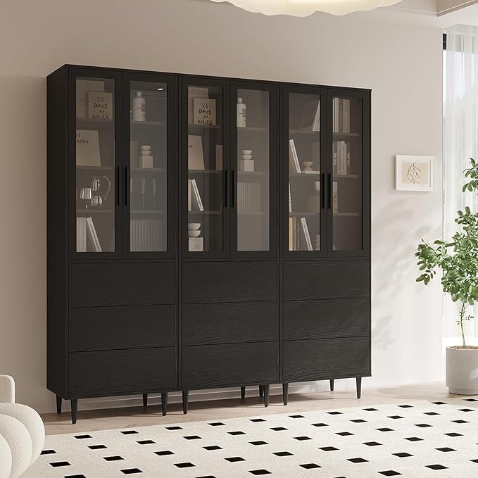 TUSY 70.9“ H Bookshelf with Glass Doors, 5-Tier Display Curio Cabinet with Drawers, Narrow Display Bookcase for Home, Office, Clinic, Pantry (Black, B)
