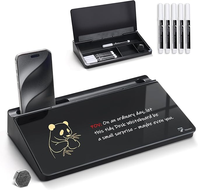 TOWON Small Compact Glass Desktop Whiteboard with Storage – 12 x 7 in Dry Erase Board for Desk, Home Office, School | Includes 5 Markers, Eraser & Holder | Space-Saving Organizer, Aesthetic Black