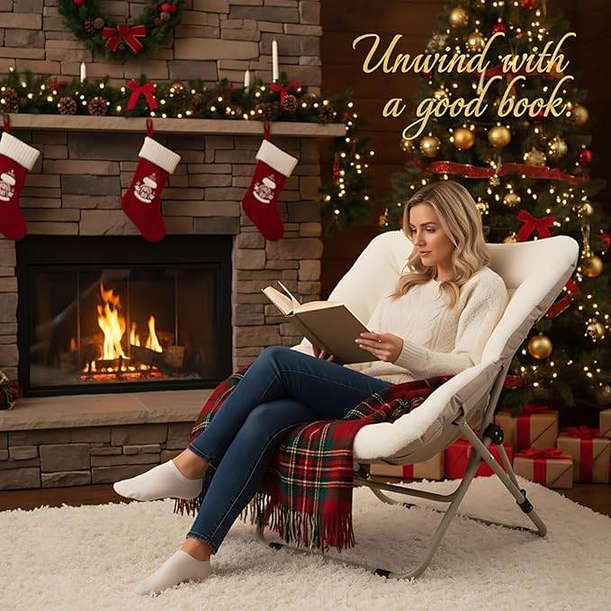 Tiita Comfy Folded Chair, Soft Faux Fur Oversized Folding Accent Chair, Lounge Lazy Chair for Kids Teens Adults, Metal Frame Moon Chair for Bedroom, Living Room, Dorm Rooms