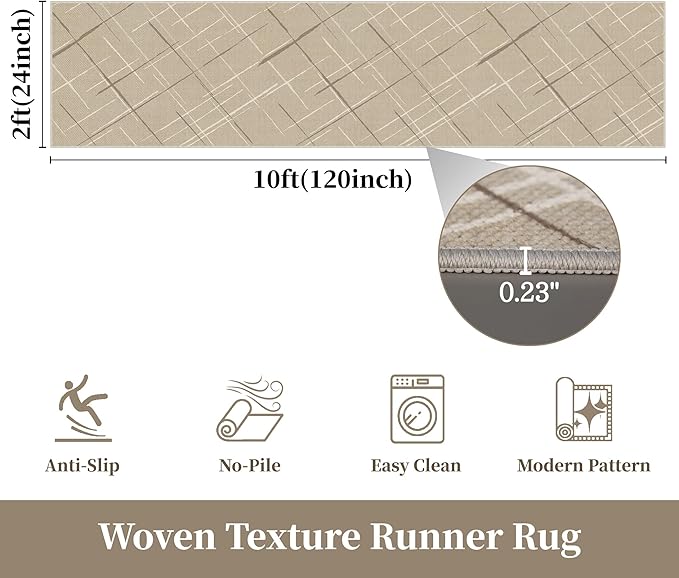 Beige Runner Rug Ultra Non-Slip 2x10 Long Hallway Rugs Washable Modern Tear and Stain Resistance No Pile Lightweight Modern Rug Runners for Entryway, Kitchen, Walkway, Entrance, Beige