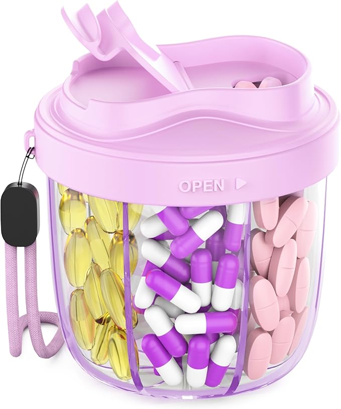 Pill Organizer,Pill Dispenser with 7 Large Compartments,Portable Pill Box for Travel, Anti-Mix Design & Wide Opening Design, Easy Access to Vitamin Dispenser, Includes 20 Blank Stickers(Purple)