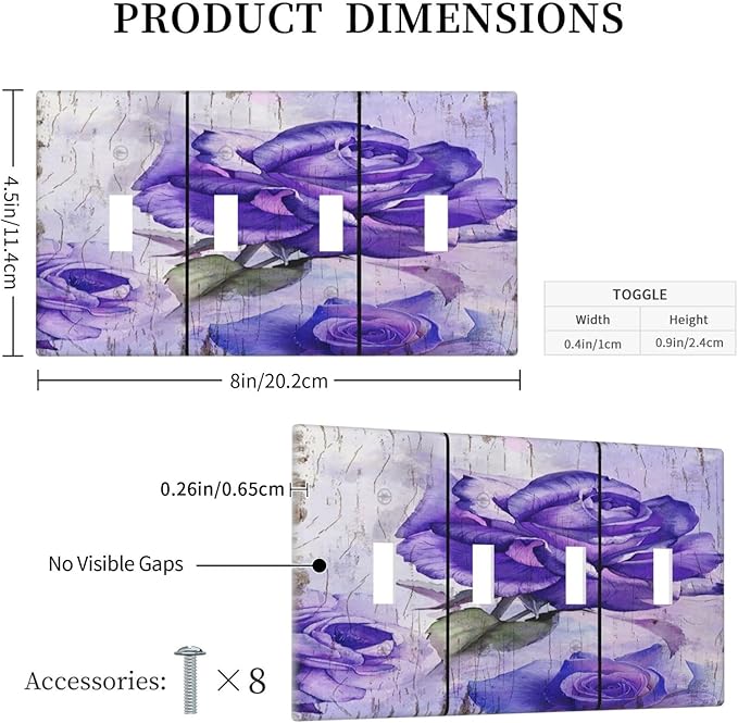 Light Switch Cover Purple Rose Flower Rustic Wood Plank 4 Gang Switch Plate Quad Toggle Wall Plates Decorative Switchplate Electrical Outlet Cover Plates for Farmhouse Bathroom Decor
