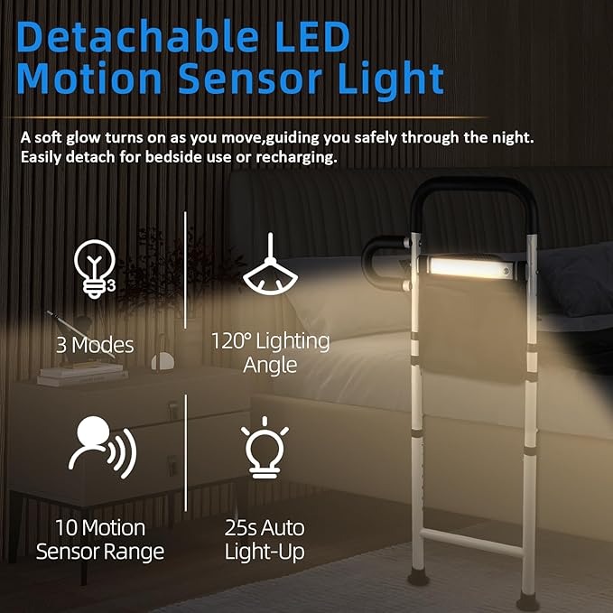 Bed Rails for Elderly Adults Safety with Motion Sensor LED Light - Adjustable Bed Assist Rails for Full Size, Portable Bed Cane for Seniors with Storage Pocket, Hold Up to 330 Lbs