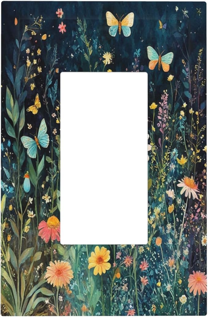 Decorative Outlet Covers Boho Vintage Floral Flower Butterfly 1 Gang Single Rocker Light Switch Cover Plate Wall Plates GFCI Faceplate for Bedroom Home Decor