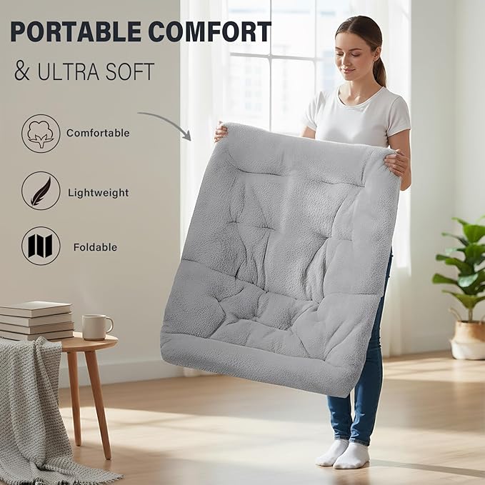 Tiita Folded Chair with Straight Ottoman, Soft Faux Fur Oversized Folding Accent Chair,Lounge Lazy Chair, Metal Frame Moon Chair for Bedroom, Living Room, Dorm Rooms, Garden and Courtyard, Grey