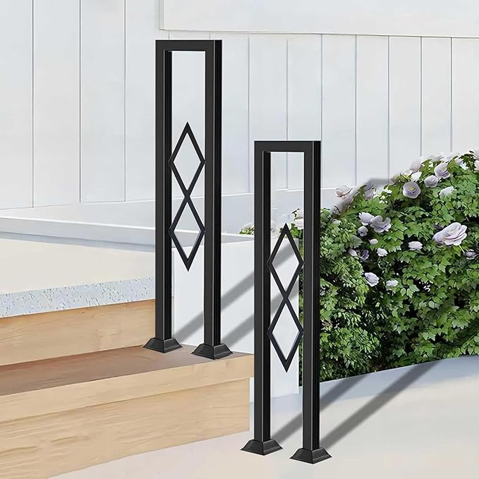 U-Shaped Stair Handrail, Black Wrought Iron Hand Rails Decorative Railing for Indoor Stairs, Porch Deck Loft Corridor Safety Non-Slip Support Poles, with Diamond Pattern (2.8FT/85CM)