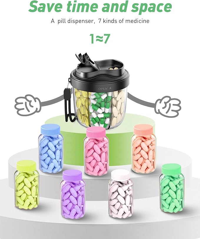 Pill Organizer,Pill Dispenser with 7 Large Compartments,Portable Pill Box for Travel Essentials,Anti-Mix Design & Wide Opening Design,Easy Access to Vitamin Dispenser,Includes 20 Blank Stickers（Black）