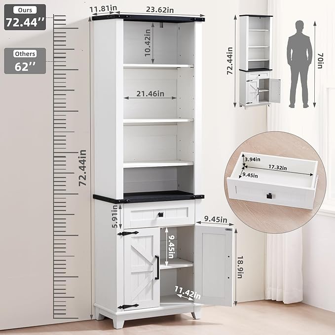 72in Tall Bookshelf 7 Tier Bookcase with Drawer and Barn Doors and Adjustable Shelves, White Farmhouse Book Shelf with Storage Cabinet, Wood Freestanding Display Bookshelves for Kitchen (4PCS)