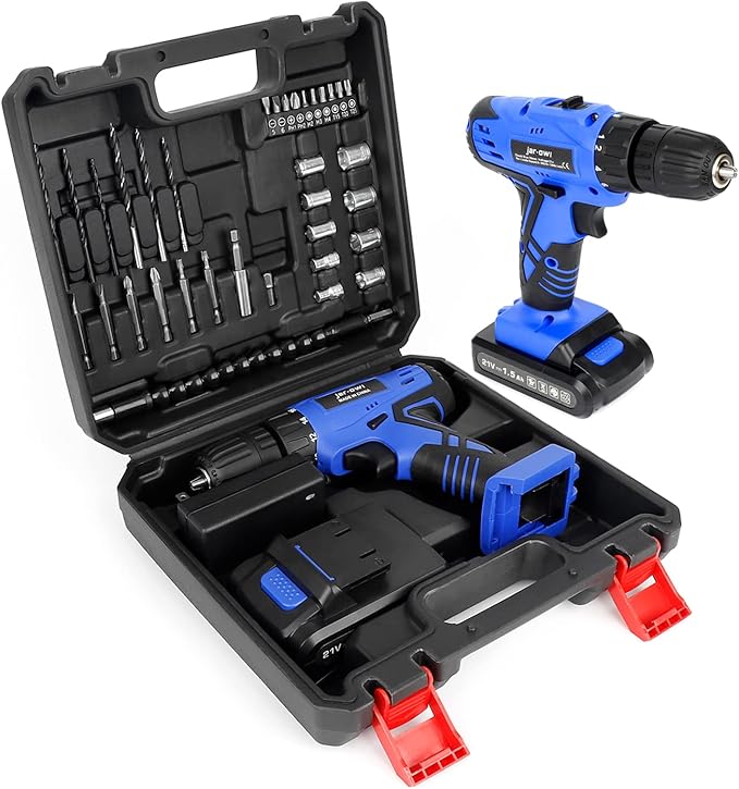 Jar-Owl 21V Cordless Drill, 350 in-lb Torque, 0-1350RMP Variable Speed, 10MM 3/8'' Keyless Chuck, 18+1 Clutch, 1.5Ah Li-Ion Battery & Charger for Home Tool Kit - Black & Blue