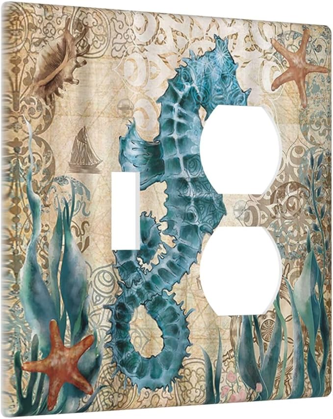 Hippocampus Funny Blue Ocean Creature Decorative Light Switch Cover Plate 1 Toggle/1 Duplex Outlet Covers 2 Gang Combo Gfci Wall Plate Electrical Receptacle Switchplate for Bathroom Decor