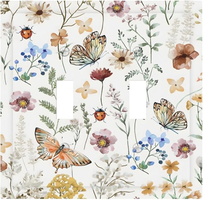 Boho Multicolor Flower Butterfly Insect Floral Decorative Switch Plates 2 Gang Double Toggle Outlet Light Switch Cover Wall Plate Electrical Faceplate for Bedroom Living Room Decor