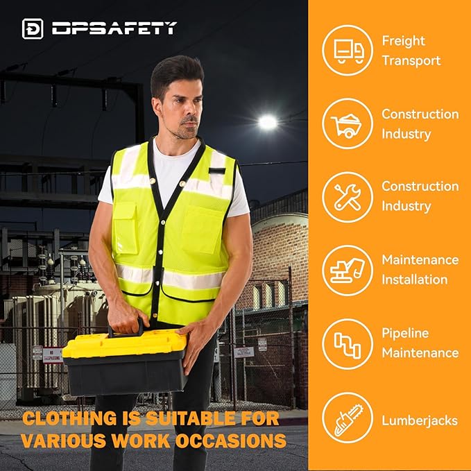 Reflective Safety Vest With Back Plan Pocket, High Visibility Class 2 Heavy Duty Surveyor, ANSI/ISEA Standard, Construction Work for Men & Women (Lime-Button, M)