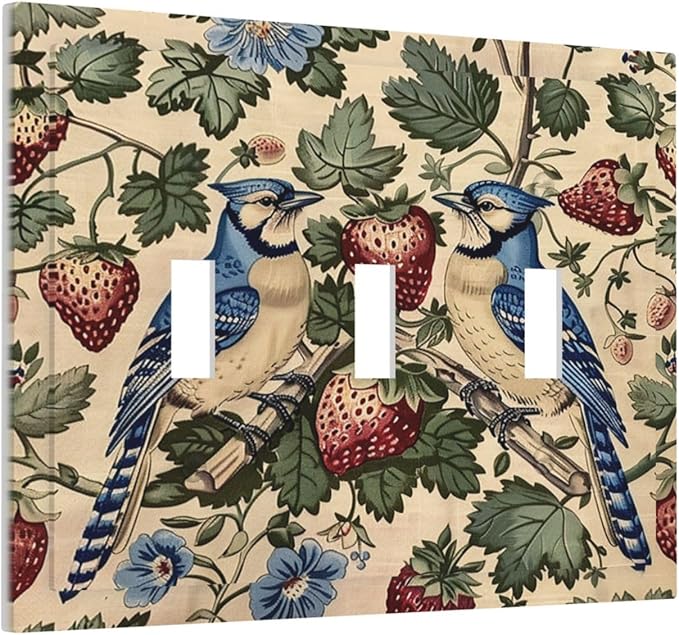 Decorative Switch Plates Vintage Floral Bird Strawberry Thief William Morris 3 Gang Wall Plate Triple Toggle Light Switch Cover Faceplate Electrical Wall Panels for Bedroom Home Decor