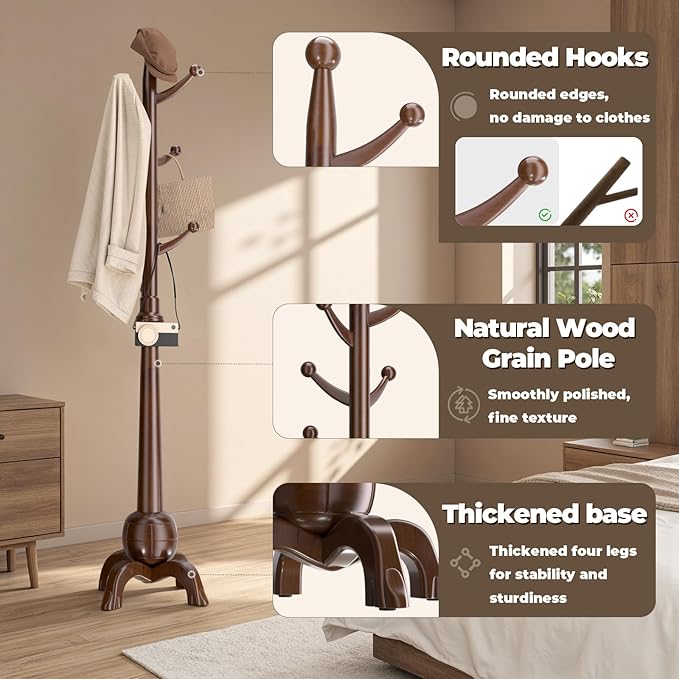 Wood Coat Rack Freestanding, Solid Wooden Hall Tree with 8 Hooks, Coat Tree Freestanding Heavy Duty with Stable Base, Entryway Hallway Bedroom Office Use, 240lbs Load Capacity H:71.6in (Black)