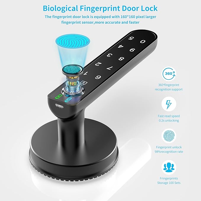 Fingerprint Door Lock with Keypads, Handle, Passwords, Fingerprint Door Knob Keyless Entry Door Lock for Home/Office/Bedroom/Apartment Black