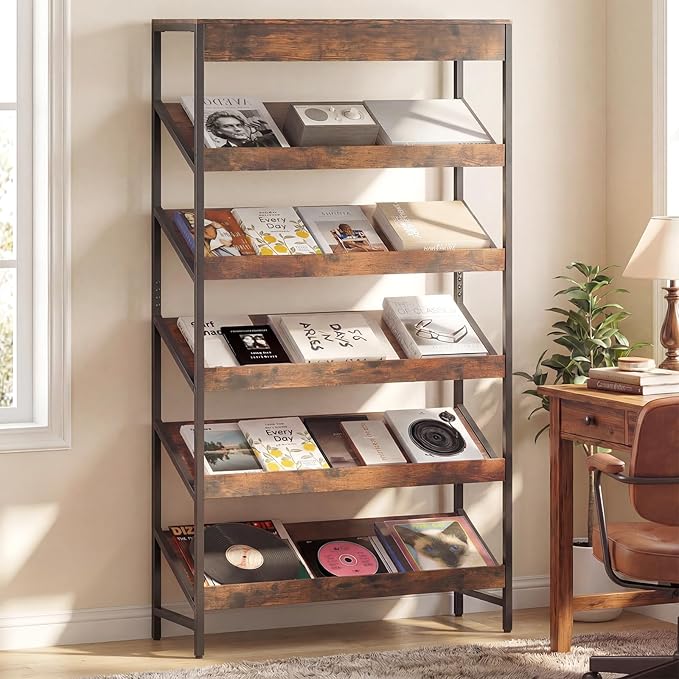 Tangkula 6-Tier Bookshelf, Tall Freestanding Bookcase with Angled Shelves, Industrial Display Rack Storage Organizer with Metal Frame & Anti-Tip Kits for Home Office Living Room (Rustic Brown, 63.5”H)