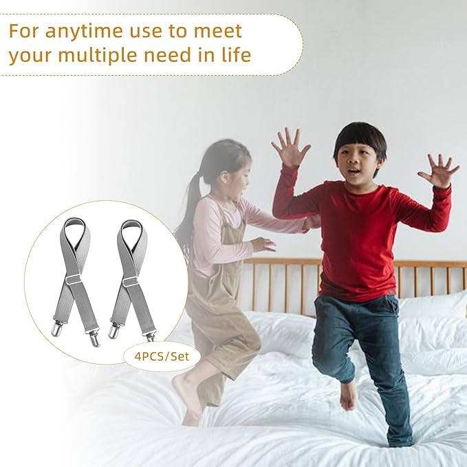 4Pcs Adjustable Bed Sheet Straps Clips, Elastic Mattress Sheet Fasteners Holder and Suspenders, Grippers to Hold Sheet, Mattress, Sofa, Couch, Table Cloth, Recliner Ironing Board Cover and More