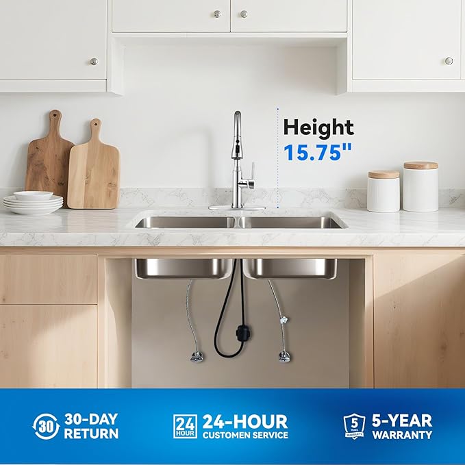 Kitchen Faucet with Pull Down Sprayer, Chrome Faucet for Kitchen Sink Stainless Steel Kitchen Faucets, Single Handle 1 or 3 Hole Faucet with Escutcheon for RV, Outdoor, Laundry & Utility Room Sink