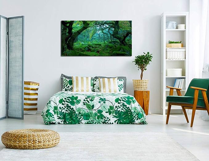Green Forest Canvas Wall Art Living Room Decoration Big Trees Nature Picture Large Modern Canvas Artwork Contemporary Woods Mossy Rock Spring Season Prints for Kitchen Office Home Decoration 24" x 48"