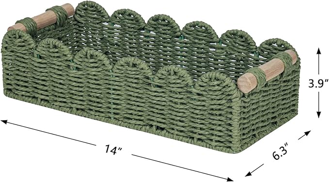 CubesLand Scalloped Decor Basket for Living Room, Home, Bathroom, 2SAME SIZE Paper Rope Basket, Toilet Storage Baskets for Over Toilet Storage Shelf, Cozy Woven Basket Both Storage&Decor, Green