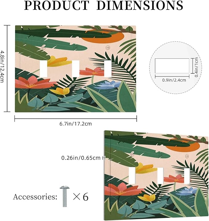 Decorative Switch Plates Boho Tropical Plant Floral Pattern 3 Gang Wall Plate Triple Toggle Light Switch Cover Faceplate Electrical Wall Panels for Bedroom Cabin Decor