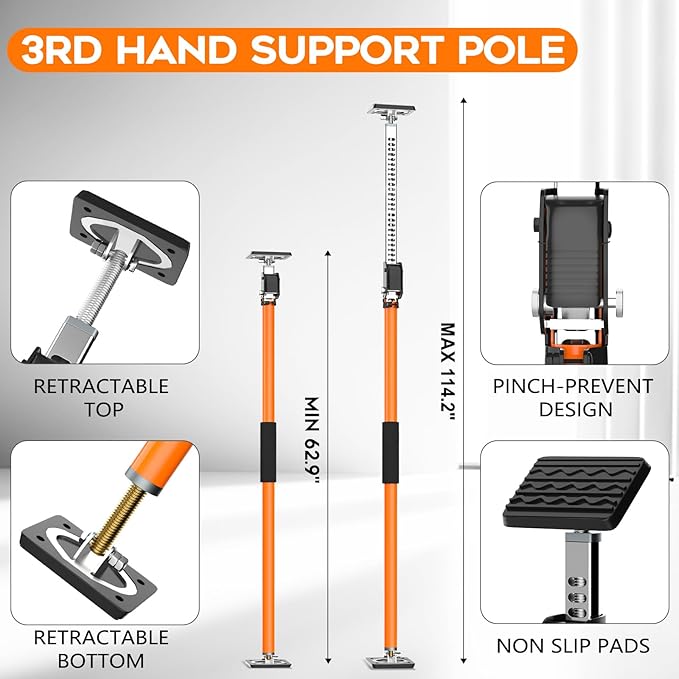 HOLOTHURIAN Cabinet Jack Support Pole, 49.2-114.2 inches Third Hand Tools Adjustable Support Pole, 3rd Hand Support System for Upper Cabinet Installation, 300 LB Capacity, 1-Pack
