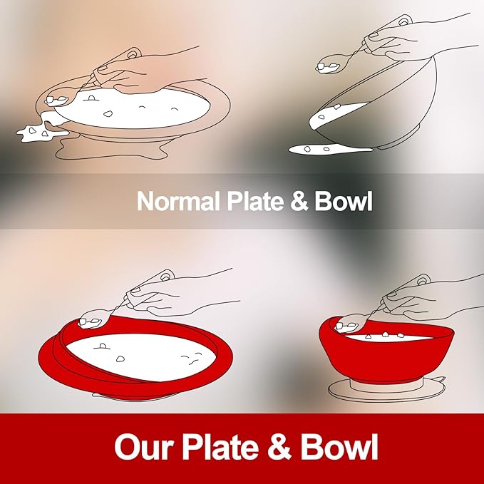 2 Sets Adaptive Utensils Bowl and Plate Set Adaptive Self Feeding Dinnerware with Suction Base Non Slip Bendable Cutlery for Elderly Disabled Hand Tremors Arthritis Parkinson(Red)