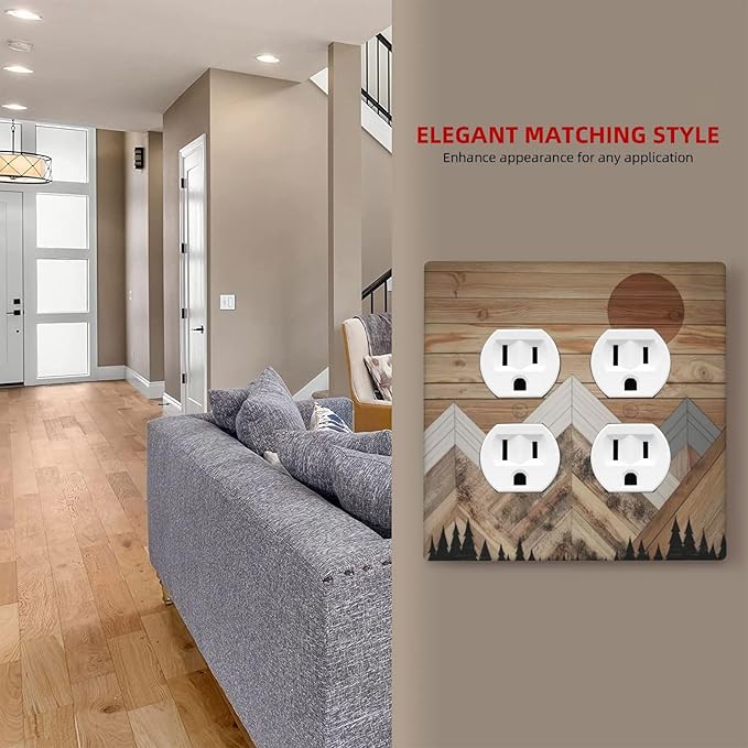 Wooden Planks Mosaic Snow Mountain Sun Outlet Covers 2 Gang Double Duplex Decorative Light Switch Covers Electrical Wallplates Socket Faceplate for Farmhouse Home Decor