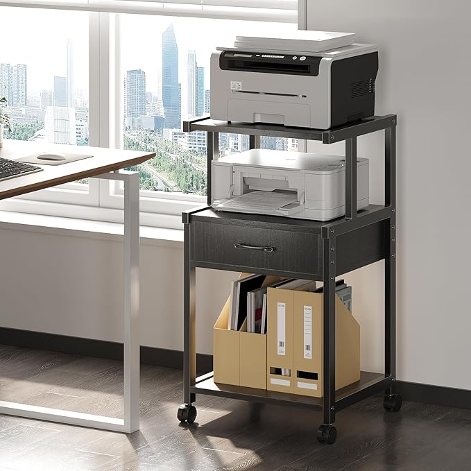 Printer Stand, 3-Tier Mobile Printer Cart, 31.5 x 14.96 x 17.72 Inches Square Printer Table with Storage Rack, Rolling Printer Table with Industrial Wheels for Home Office, Black