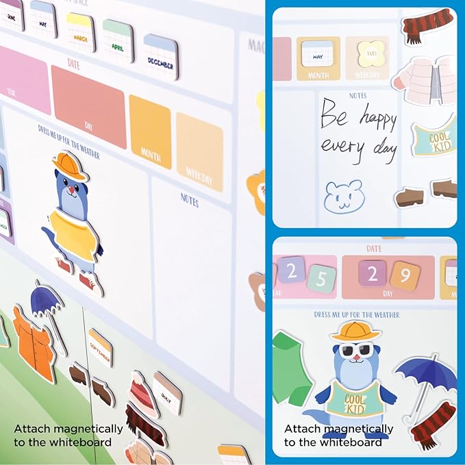 COMIX Whiteboard Calendar Dry Erase, Adhesive White Board Calendar for Kids 26" x 17" with Funny Magnetic Deco, Educational Calendar Set for Kids Student Home Classroom