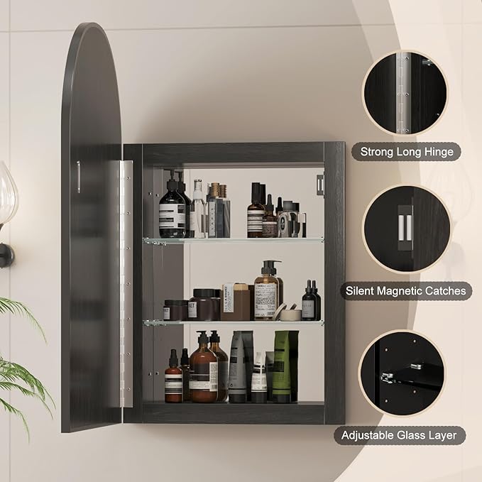 Recessed Medicine Cabinet Mirror for Bathroom,Black Arched Medicine Cabinet with Mirror,Arch Bathroom Mirror with Storage,Surface Mount Wall Cabinet,16x26 Mirrored Cabinets Wall Mounted