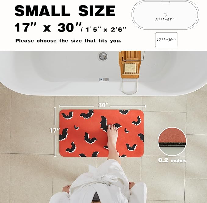 Halloween Bath Mat, Thin Halloween Bathroom Rug Non Slip Quick Dry Bat Bath Mat Fits Under Door Thin Floor Mat Halloween Decor, 17''x30'', Gothic Bats Orange