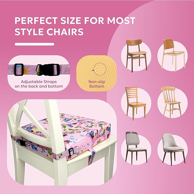 Toddler Booster Seat for Dining Table,Portable Kids Booster Seat - Adjustable, Non-Slip, Lightweight & Easy to Clean (Pink car)