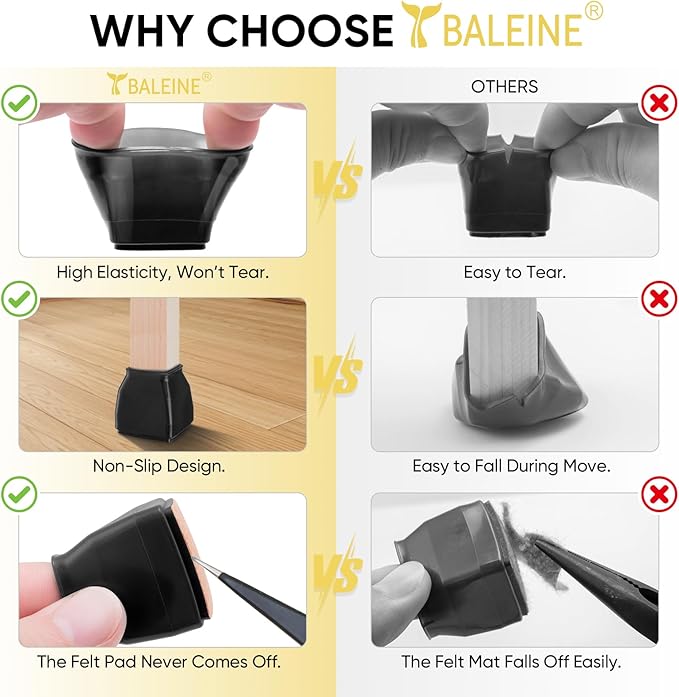 BALEINE 24 Pack Silicone Chair Leg Floor Protectors, Stool Leg Protectors Cap, Non-Slip Chair Leg Caps for Hardwood Floors (Black & Small (Square), 24 Pack)