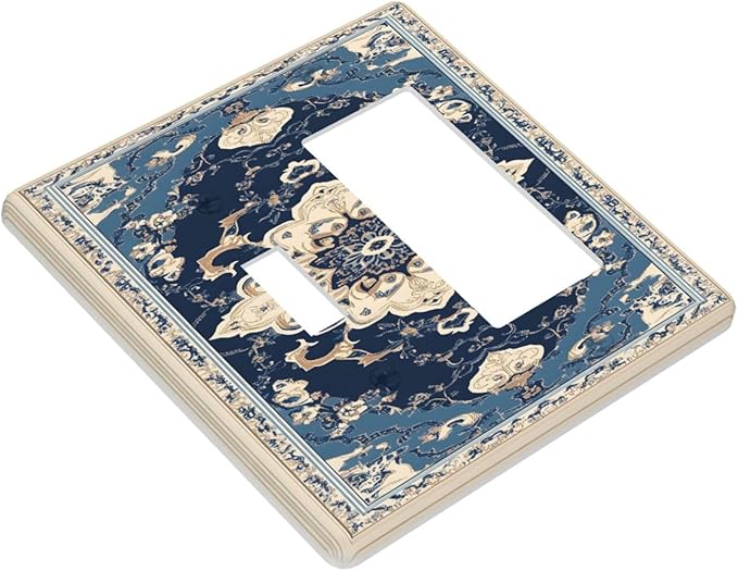 Decorative Outlet Covers Boho Beige Navy Blue Medallion 2-Gang Combo Light Switch Cover Plate Single Toggle/Rocker Wall Plate Plug Switch Plate Covers for Country Bathroom Bedroom Decor