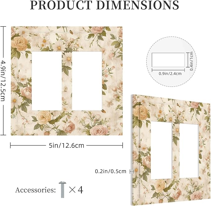 Decorative Outlet Covers Boho Vintage Roses Pink Red Yellow Bouquet Floral 2 Gang Double GFCI Rocker Electrical Wall Panels Light Switch Cover Plate for Bedroom living Room Decor