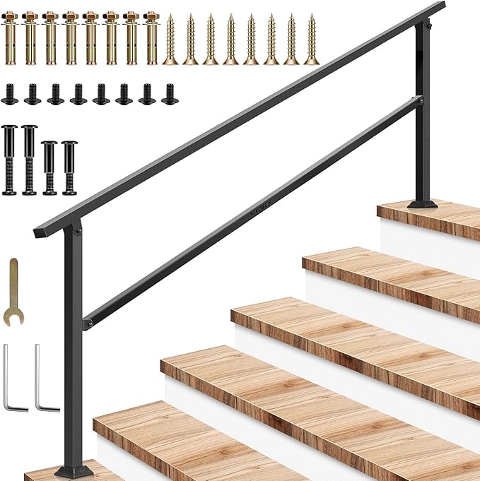 VIVOSUN Outdoor Handrail, 6-7 Step Stair Handrail, 83" x 36" Fits 1 to 7 Steps, Wrought Mattle Iron Handrail for Concrete Steps, Porch Steps, Black, HR-0004