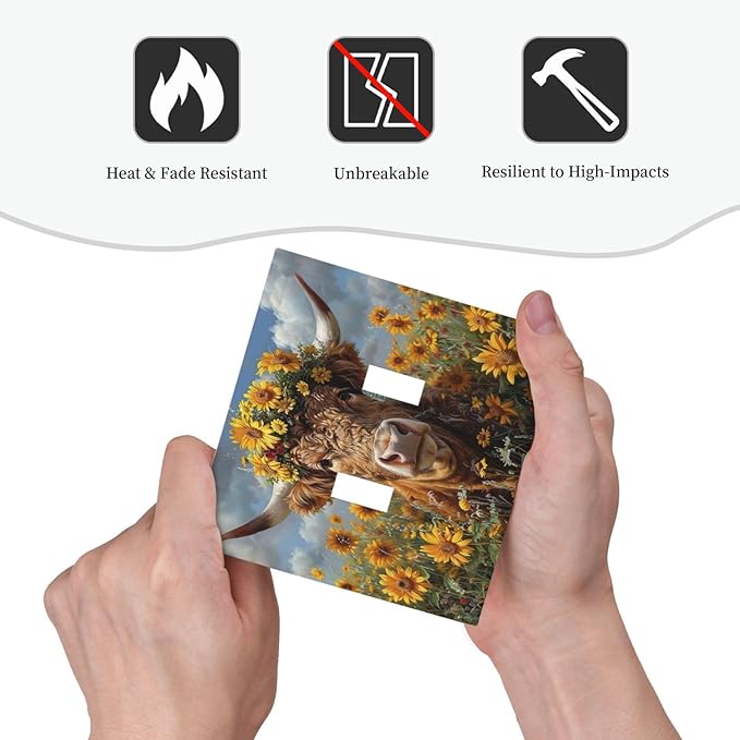Decorative Switch Plates Vintage Sunflower Highland Cow Rustic Art 2 Gang Double Toggle Outlet Light Switch Cover Wall Plate Electrical Faceplate for Bedroom Farmhouse Decor