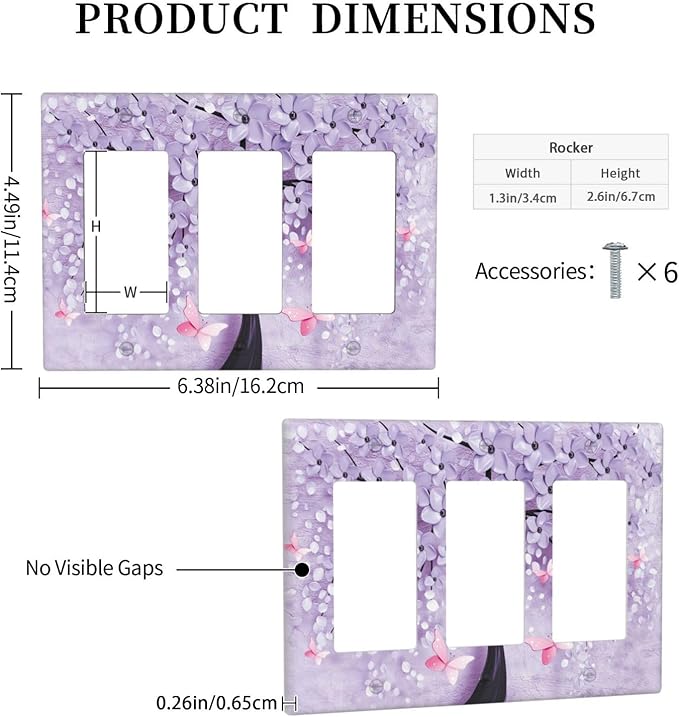 Light Switch Cover 3D Purple Tree 3 Gang Wall Plate Triple Light Switch Plate Rocker GFCI Outlet Covers Decorative Receptacle Cover for Bathroom Bedroom Decor