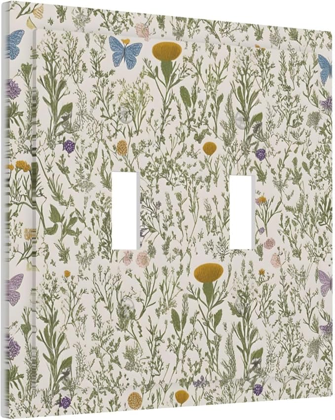 Floral Vintage Garden Plants Herbs Flowers Botanical Double Toggle Light Switch Covers Decorative Mustard Green 2 Gang Wall Plate Dual Device Electrical Switchplate Dimmer Faceplate Decor