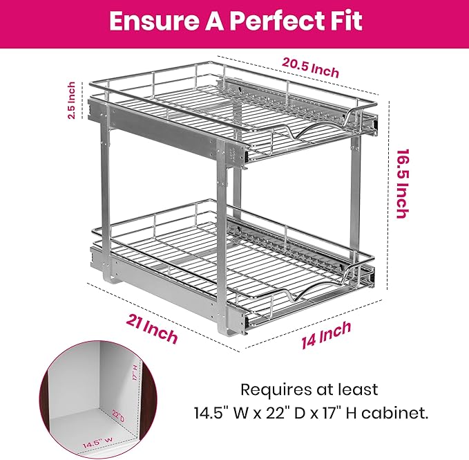 HOLDN’ STORAGE Two Tier Pull Out Cabinet Organizer, Individual Sliding Drawers - Heavy Duty Metal with Lifetime Limited Warranty - Anti Rust Chrome Finish - 14" W x 21”D x 16.5" H