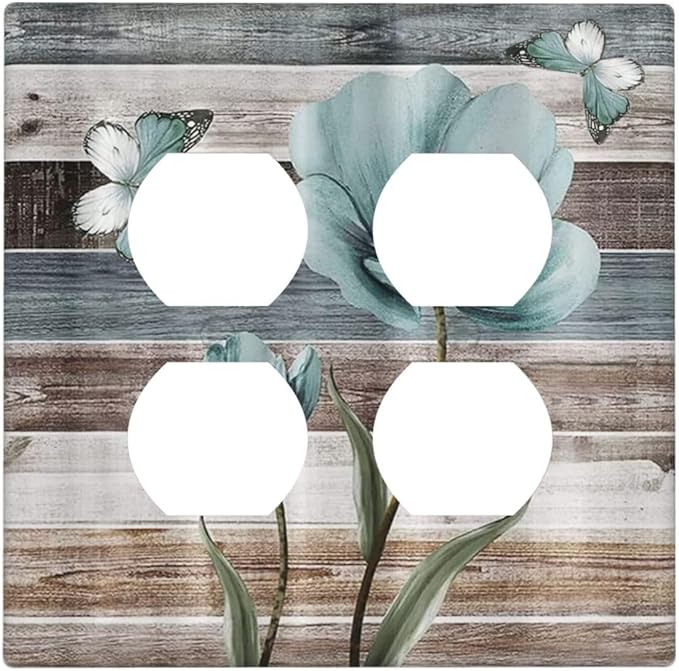 Teal Flora Flowers and Butterfly Wooden Style Outlet Covers 2-Gang Duplex Light Switch Cover Plate Decorative Gfci Wall Plate Electrical Receptacle Switchplate Plug Faceplate for Bedroom Decor