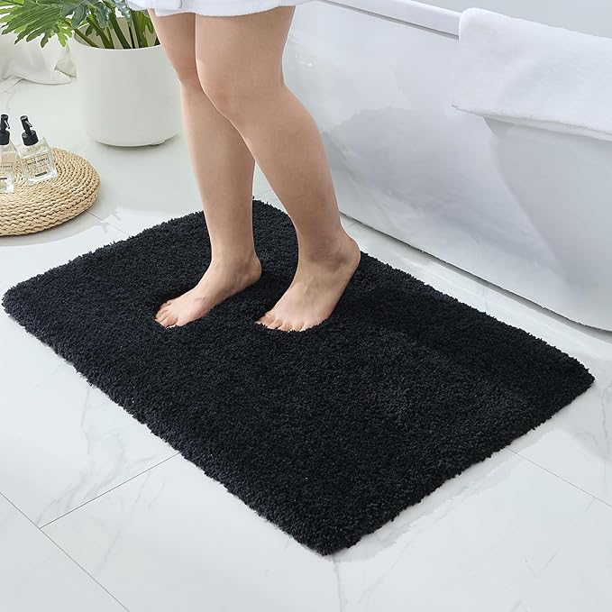 Bathroom Rugs 32x20, Ultra Thick Shaggy Soft Microfiber Absorbent Bath Rug, High Density Foam Latex Non Slip Backing, Machine Washable Bath Mats for Bathroom Floor & Sink, Black