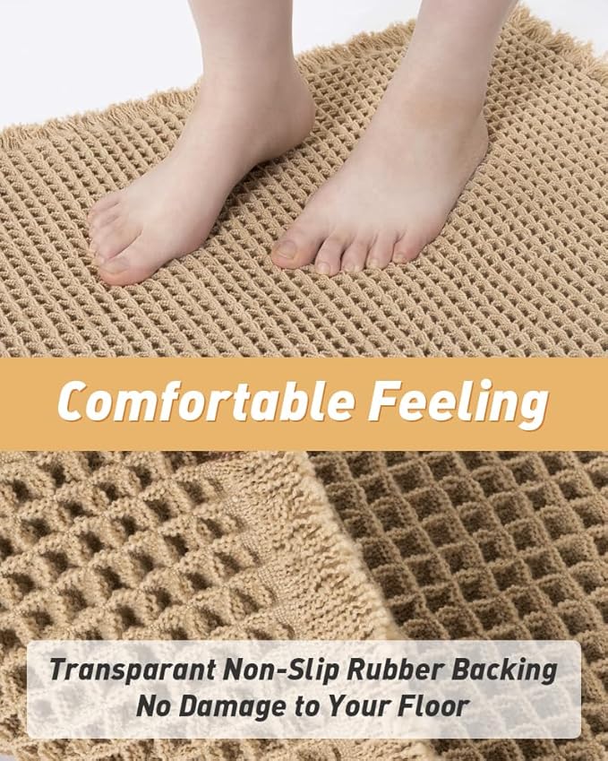 AMOAMI Upgraded Waffle Runner Rug, Super Absorbent Non Slip Bath Mats for Bathroom Floor, Machine Washable Bathroom Boho Runner Rug with Tassels, Ideal for Hallway Bedroom Laundry Room, 17" x 72"