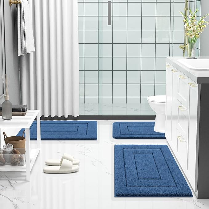 Buganda Bathroom Rugs, 36" x 24", Soft and Absorbent Microfiber Bath Rugs, Non-Slip Shaggy Shower Carpet, Machine Wash Dry Bath Mats for Bathroom Floor, Tub and Shower, Navy