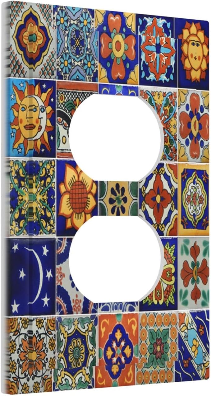 Outlet Covers Mid Century Talavera Shaped Tiles 1 Gang Duplex Wall Plate Decorative Switch Plates Electrical Receptacle Faceplate Light Switch Cover for Bedroom Bathroom Decor